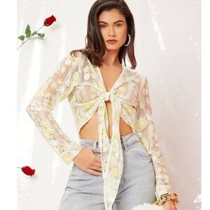 Momokrom Sheer Embroidered Floral Tie-Up Top Small Coquette Fairycore Romantic